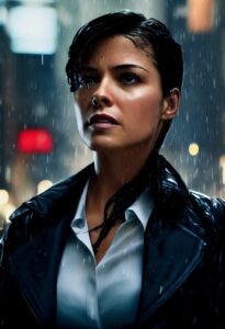 AI: Latina woman in the rain, long hair, police detective's light blue shirt and dark jacket