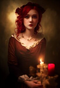 AI: Woman with cascading red hair, candle, earth tones