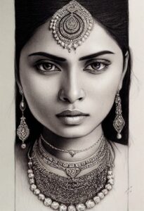 AI: realistic pencil sketch of an Indian woman with ornate jewelry
