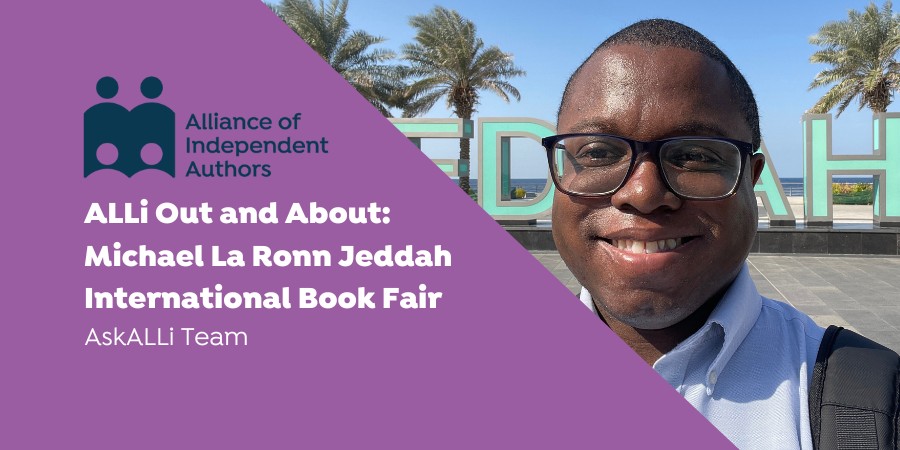 Title Wording On A Purple Background And Half An Image Of Michael Outside A Jeddah Book Fair Sign