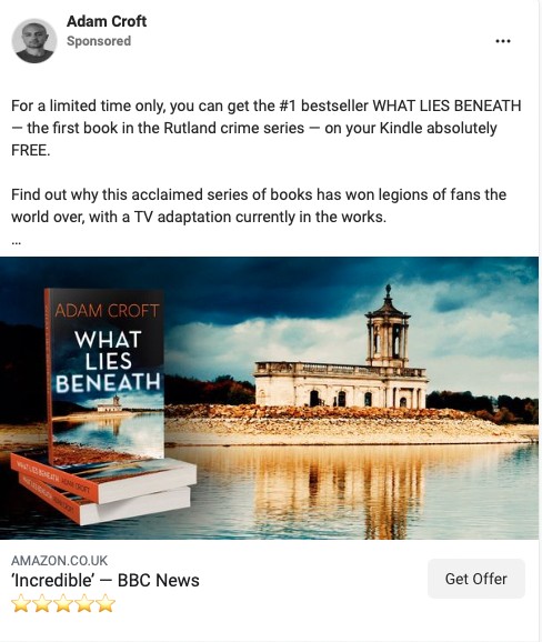 Example of Facebook Ad image of an ad from Adam Croft with his book set over a lake and old building