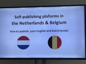 image of a presentation whiteboard with a title slide regarding self publishing platforms in Netherlands and Belgium