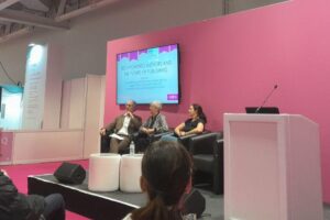 image of three speakers sitting on stage at London book fair
