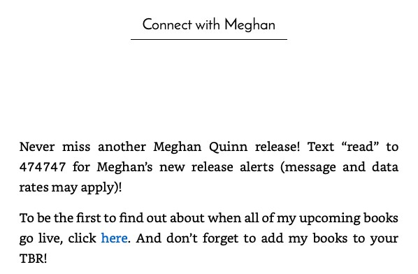 Image is a screenshot of the inside of Meghan Quinn's book, front matter with an invitation to sign up for text alerts.