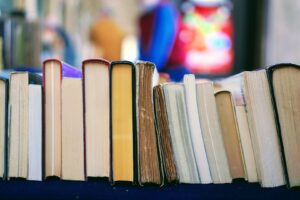 Books lined up on a shelf