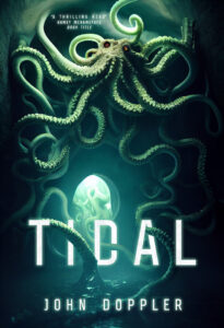 AI: tentacle art converted into a book cover, a mockup of a fictitious novel, "Tidal"