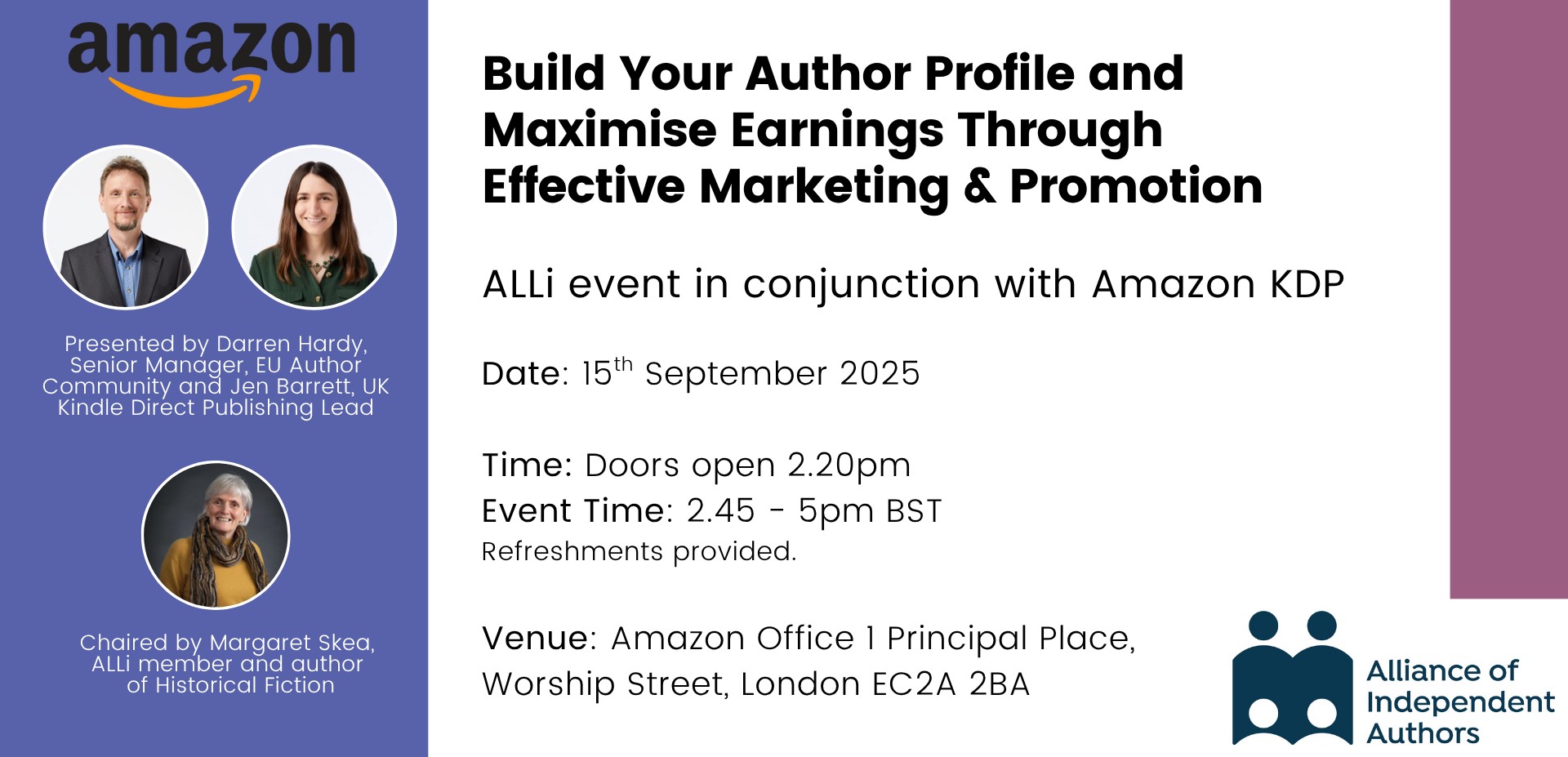 Event poster for an Amazon and ALLi collaboration, detailing a workshop on author marketing and promotion.