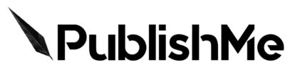 Logo Featuring The Text "PublishMe" In Bold Black Letters, Accompanied By A Black Feather Quill Graphic.