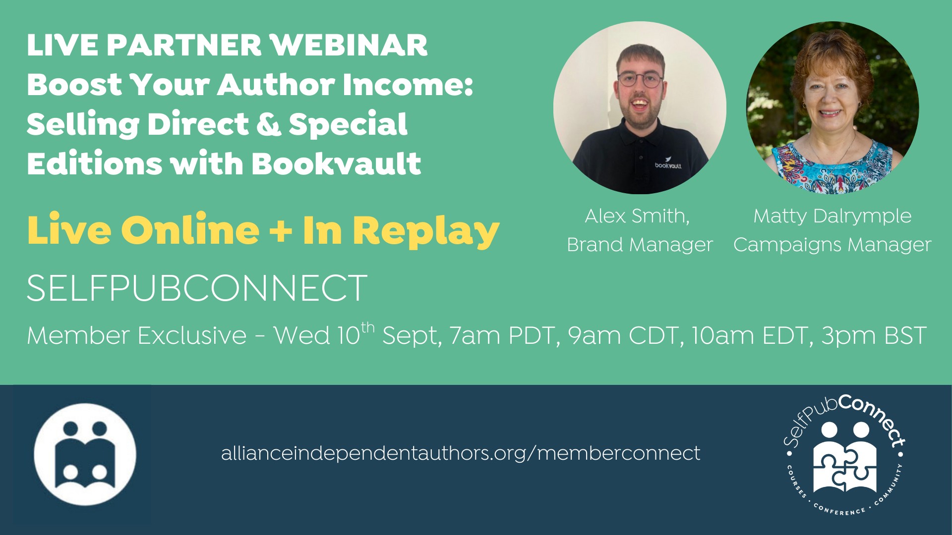 Webinar promotional image featuring two speakers, Alex Smith and Matty Dalrymple, with event details and logos.