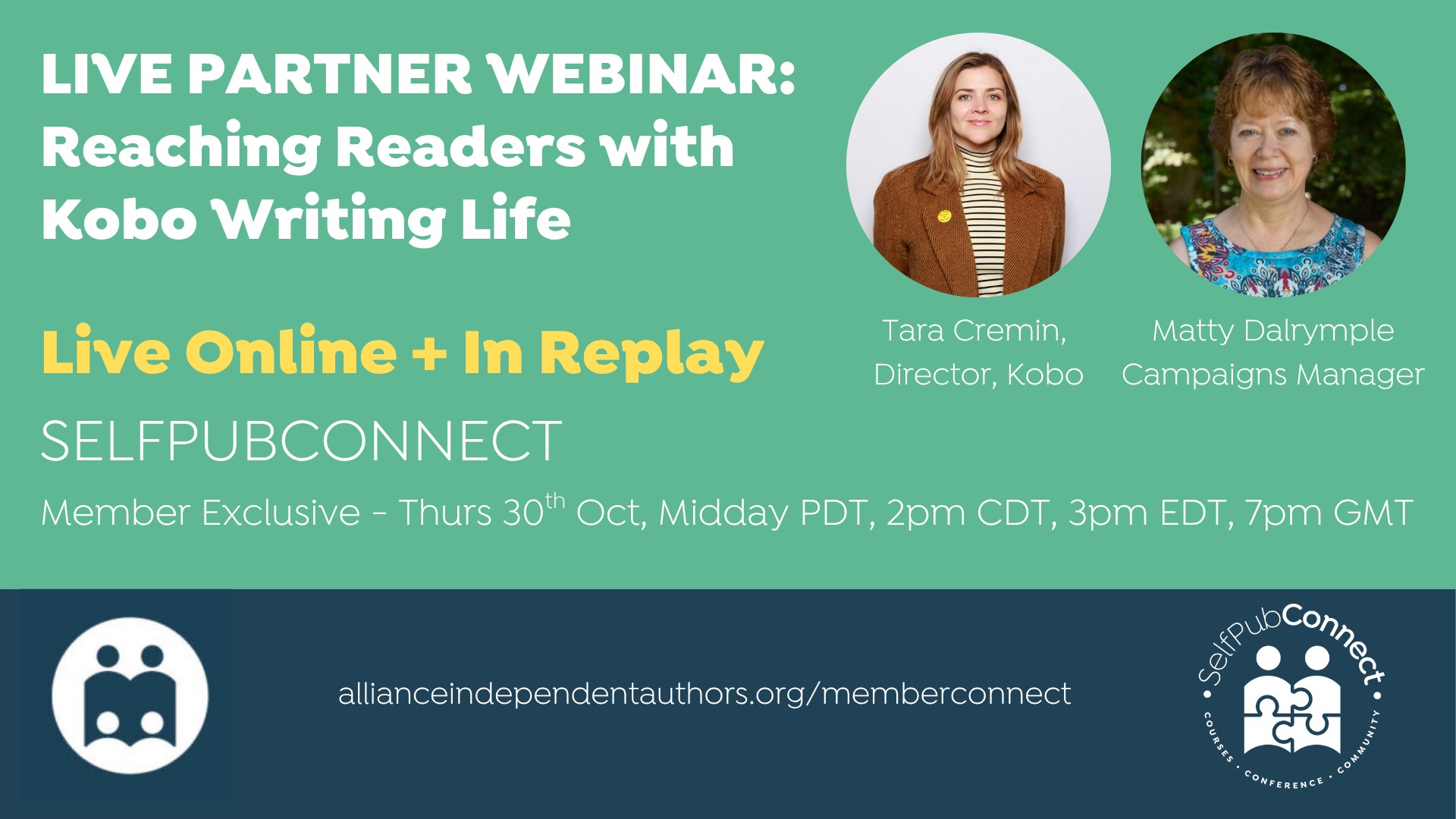 Webinar promotional image featuring two people, event details, and logos on a green background.