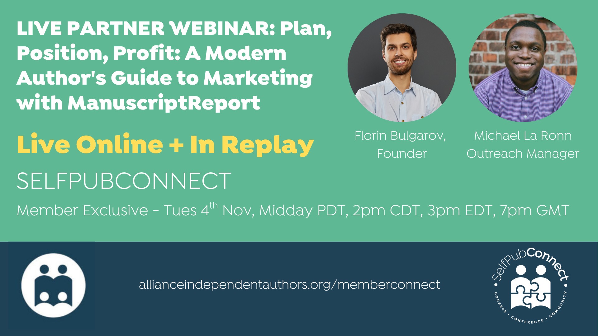 Webinar promotional image featuring two individuals, Florin Bulgarov and Michael La Ronn, with event details and logos.